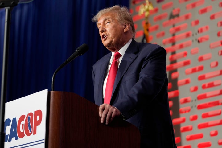 Former President Donald Trump speaks at the California Republican Party Convention on Friday in Anaheim, California. Trump was in California just two days after he bypassed the second GOP debate held at Ronald Reagan’s presidential library northwest of Los Angeles, signaling again that he sees no need to appear side-by-side with lesser-known contenders. (AP Photo/Jae C. Hong)