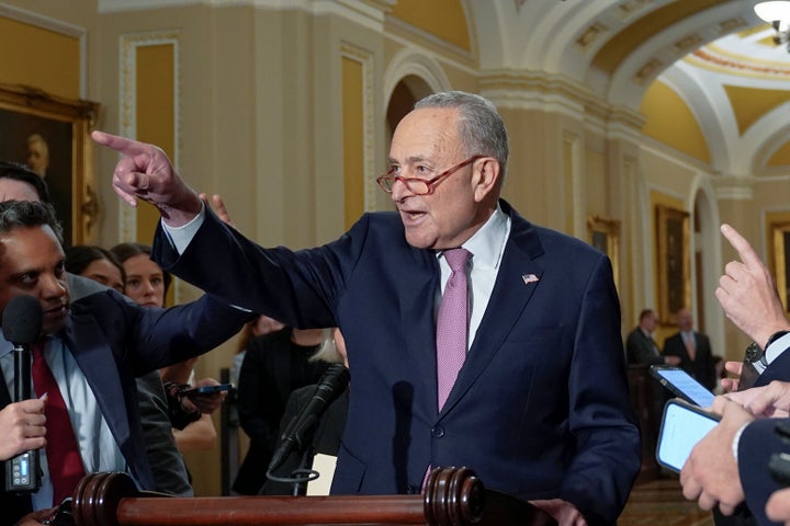 Senate Majority Leader Chuck Schumer of D-N.Y., speaks to reporters following a closed-door caucus meeting about preventing a government shutdown, at the Capitol in Washington, Wednesday, Sept. 27, 2023. (AP Photo/Mariam Zuhaib)