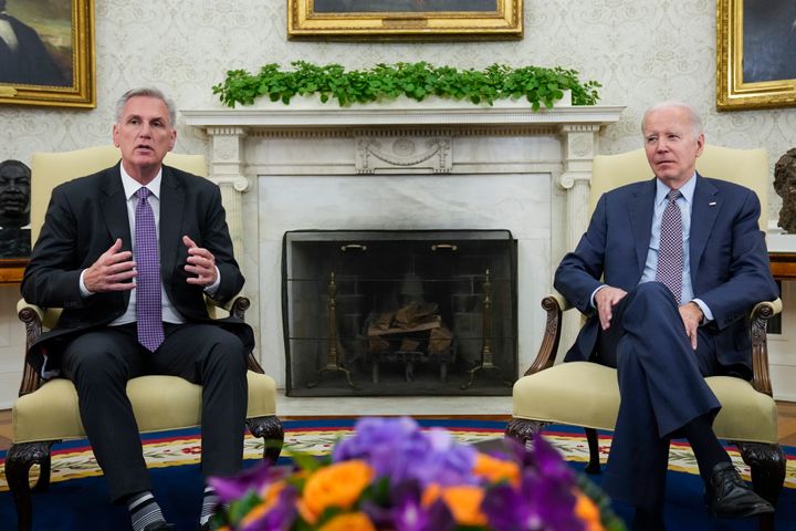 FILE - House Speaker Kevin McCarthy of Calif., speaks as he meets with President Joe Biden to discuss the debt limit in the Oval Office of the White House, Monday, May 22, 2023, in Washington. (AP Photo/Alex Brandon)