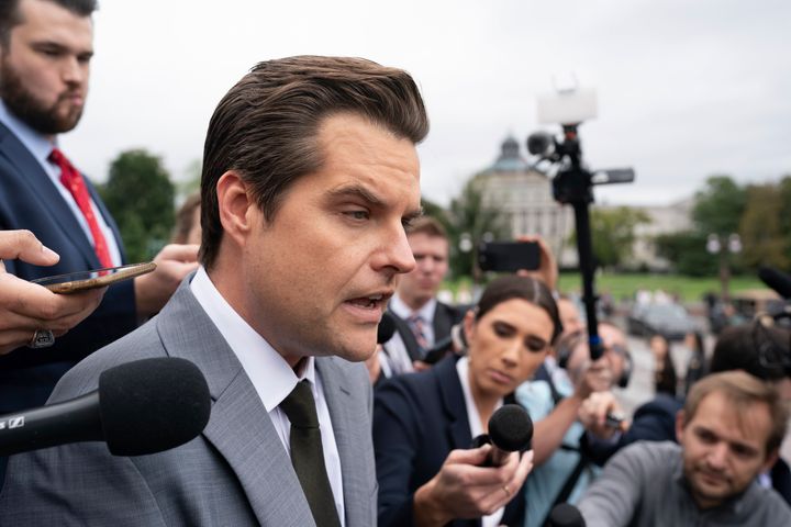 Rep. Matt Gaetz talks to reporters on Friday. Gaetz said Sunday that he plans to try to oust House Speaker Kevin McCarthy.
