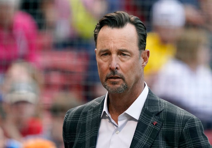 FILE - Former Boston Red Sox player Tim Wakefield looks on before the start of a baseball game between the Red Sox and Oakland Athletics at Fenway Park, Wednesday, June 15, 2022, in Boston. The Boston Red Sox say announcer and former knuckleballer Tim Wakefield is undergoing treatment for a disease they did not specify and asked for fans to respect his privacy after his illness was outed without his consent by ex-teammate Curt Schilling. The team issued a statement on Thursday, Sept. 28, 2023, after Schilling said on a podcast that Wakefield had brain cancer. The news led to an outpouring of support for Wakefield – and criticism of Schilling. Wakefield is 57. (AP Photo/Mary Schwalm, File)