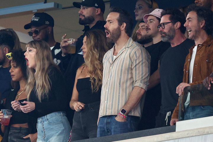 Blake Lively, Ryan Reynolds, Sophie Turner and Hugh Jackman were all pictured with Taylor at the game