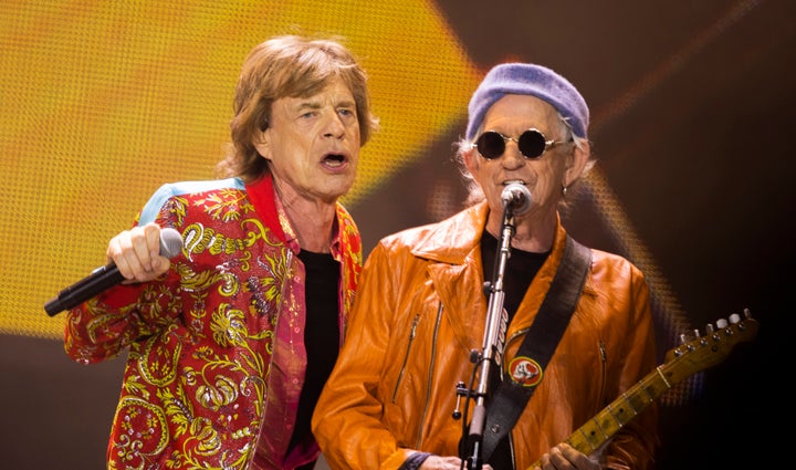 Mick Jagger and Keith Richards of the Rolling Stones perform live on stage during a concert of The Rolling Stones at the Johan Cruijff Arena on July 7, 2022 in Amsterdam, Netherlands. (Photo by Sven Hoogerhuis/BSR Agency/Getty Images)