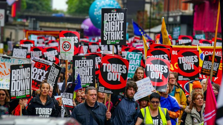 Protesters march during a rally ahead of the Conservative Party annual conference at Manchester Central. Picture date: Sunday October 1, 2023.