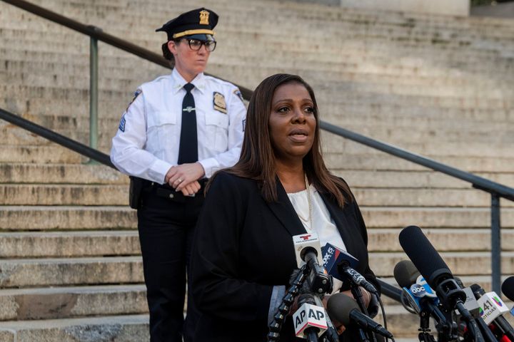 New York Attorney General Letitia James speaks outside New York Supreme Court ahead of former President Donald Trump's civil business fraud trial on Oct. 2, 2023 in New York.