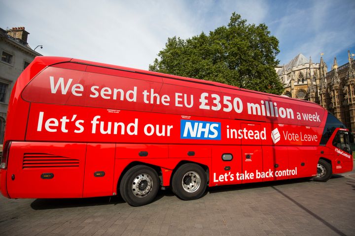 This bus used in EU referendum campaign with the statement: "We send the EU £350 million a week let's fund our NHS instead."