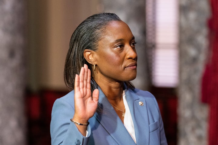 Sen. Laphonza Butler (D-Calif.) is sworn into office in Washington on Tuesday. 