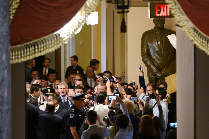 Kevin McCarthy walks from the House Chamber after he was ousted as speaker at the U.S. Capitol in Washington, D.C., on Tuesday. For the first time in its 234-year history, the House backed a resolution "to vacate the office of the speaker" with a 216-210 vote setting the stage for an unprecedented contest to replace McCarthy a year before the presidential election.