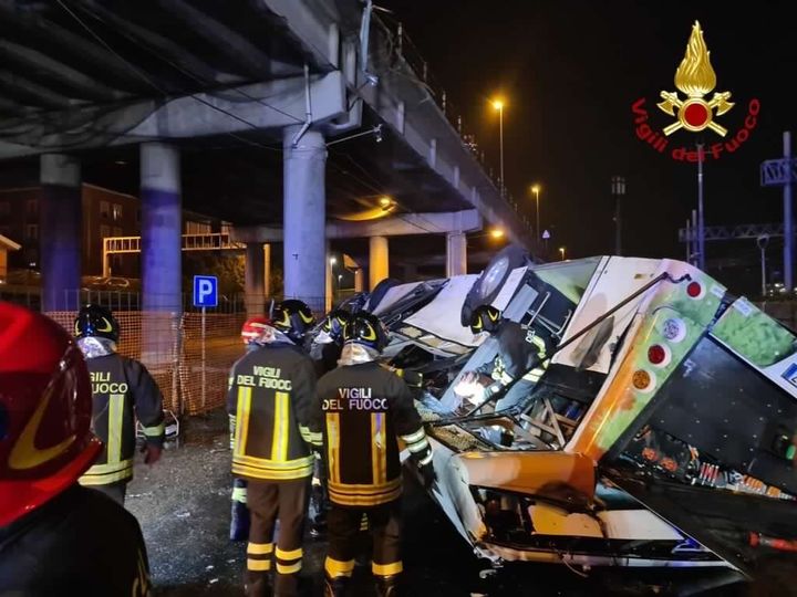 A view of the scene after bus crash near Venice, on October 04, 2023 in Mestre, Italy. At least 21 people died and 12 people were injured Tuesday evening after a bus fell from an overpass near Venice, according to local police. (Photo by Italian Firefighters / Vigili del Fuoco/Handout/Anadolu Agency via Getty Images)