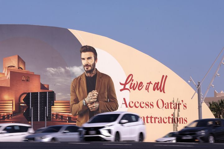 An advertisement board featuring Qatar Ambassador David Beckham during the FIFA World Cup Qatar 2022 