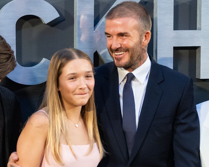 Harper Beckham and David Beckham attend the Netflix 'Beckham' UK Premiere on October 03, 2023 in London, England.