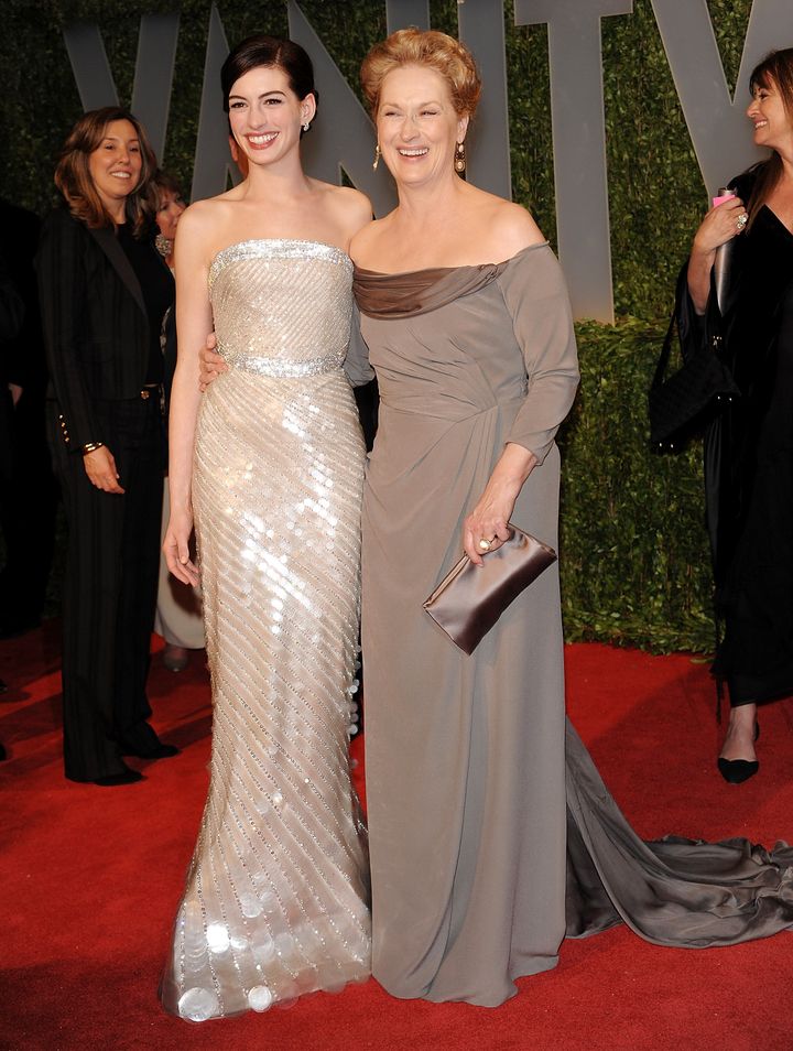 Anne Hathaway and Meryl Streep photographed together at the Vanity Fair Oscar party on Sunday, Feb. 22, 2009, in West Hollywood, California. Hathaway recently revealed that she'd love to work with the acting legend, Streep, again.