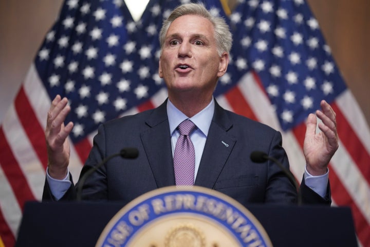 Rep. Kevin McCarthy (R-Calif.) speaks to reporters Tuesday at the U.S. Capitol hours after he was ousted as speaker of the House.