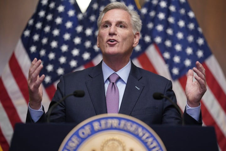 Rep. Kevin McCarthy (R-Calif.) speaks to reporters Tuesday at the U.S. Capitol hours after he was ousted as speaker of the House.