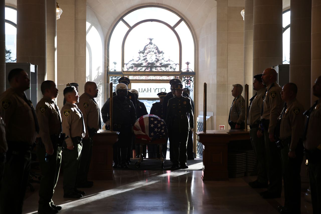 The senator's body arrives to lie in state at San Francisco City Hall on Oct. 4, 2023. 