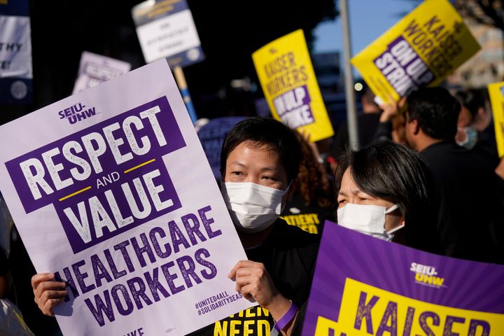Medical workers and supporters protest outside of a Kaiser Permanente facility in San Francisco on Oct. 4, 2023. 