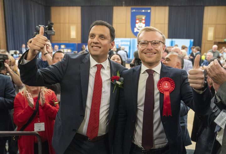 Scottish Labour leader Anas Sarwar with winning candidate Michael Shanks arrive at the count for the Rutherglen and Hamilton West by-election.