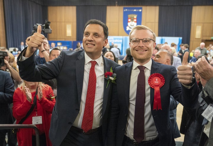 Scottish Labour leader Anas Sarwar with winning candidate Michael Shanks arrive at the count for the Rutherglen and Hamilton West by-election.