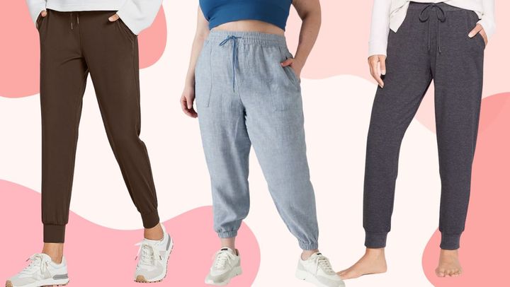 A pair of stretchy athletic pants, Athleta's linen jogger and soft fleece jogger pants from Target. 