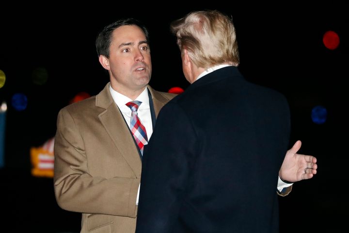 Then-President Donald Trump greets Ohio Secretary of State Frank LaRose at an airport in Toledo, Ohio, on Jan. 9, 2020. LaRose is hoping for Trump's endorsement for U.S. Senate.