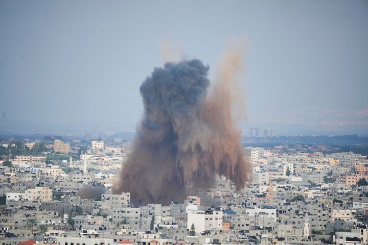 Smoke rises from an explosion caused by an Israeli airstrike in the Gaza Strip, Saturday, Oct. 7, 2023. (AP Photo/Hatem Moussa)