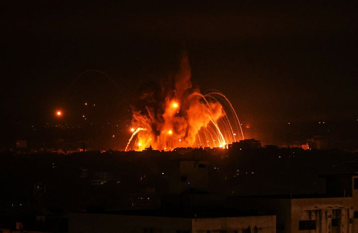Smoke and flames rise after Israeli forces airstrikes as clashes continue between Israeli forces and Palestinian armed groups at various locations of Gaza on October 08, 2023 in Gaza Strip, Gaza. (Photo by Ali Jadallah/Anadolu Agency via Getty Images)