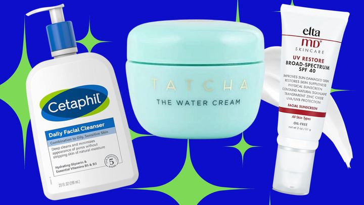 Cetaphil facial cleanser, Tatcha's water cream and sunscreen from Elta MD