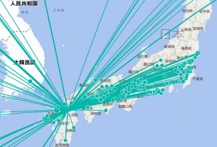 可視化した調達物流の経路。拠点は広域に分散している