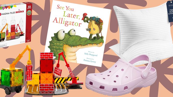 A construction-themed Magna-Tiles set, orchid-colored Crocs, a copy of “See You Later, Alligator,” and a set of highly-rated washable down alternative pillows.