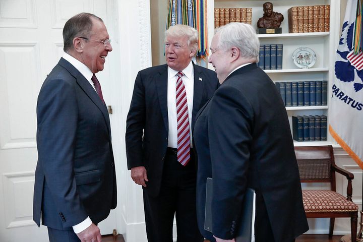 President Donald Trump meets with Russian Foreign Minister Sergey Lavrov (left) and Russian Ambassador to the US Sergei Kislyak at the White House on May 10, 2017.