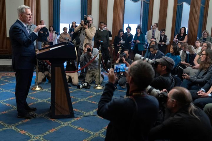 Former House speaker Rep. Kevin McCarthy (R-Calif.) speaks during a news conference at the Capitol on Monday. McCarthy laid out a five-point plan to support Israel in the conflict that erupted over the weekend.