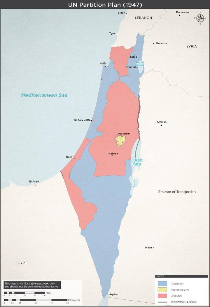 Εικόνα 3: Τα σύνορα του Εβραϊκού και Αραβικού κράτους της Παλαιστίνης σύμφωνα με το Ψήφισμα 181 της Γενικής Συνέλευσης του ΟΗΕ (29 Νοεμβρίου 1947)