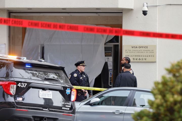 Emergency responders work outside the visa office at the Chinese Consulate building after a person drove into the building in San Francisco, on Oct. 9, 2023. 