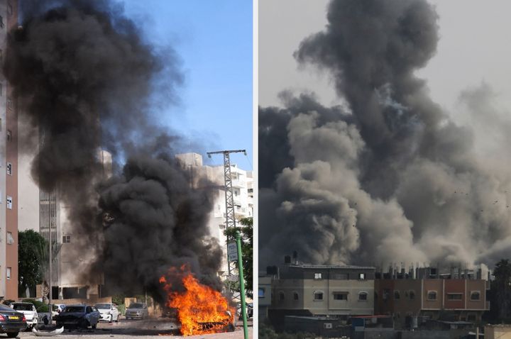 Hamas' attack on Israel (L), and Israel's attack on Gaza (R)