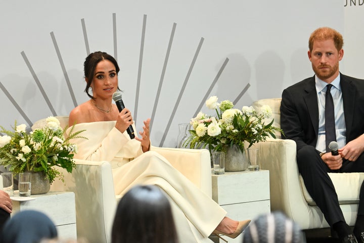 The Duke and Duchess of Sussex speak at the Archewell Foundation Parents’ Summit: Mental Wellness in the Digital Age at Hudson Yards on Oct. 10 in New York.