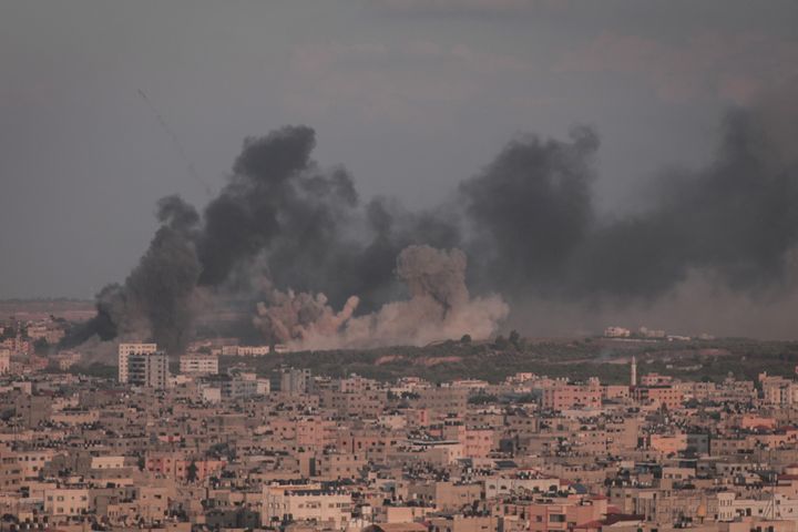 Smoke rises following an Israeli airstrike on the Gaza Strip on Oct. 10, 2023.