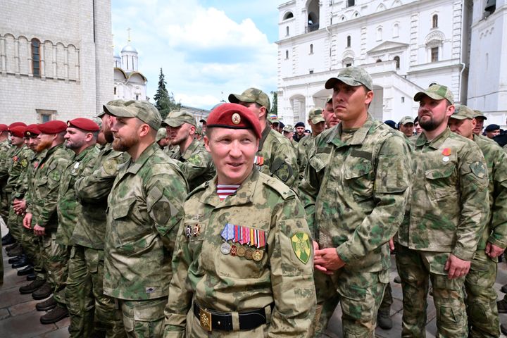 Russian soldiers as they waited for a speech from President Vladimir Putin back in June.
