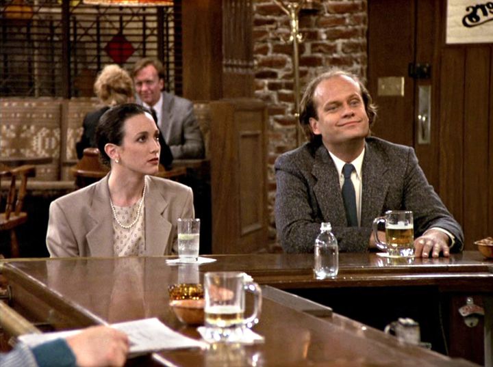 Bebe Neuwirth as Dr. Lilith Sternin-Crane and Kelsey Grammer as Dr. Frasier Crane in the Cheers episode A Bar is Born in 1989