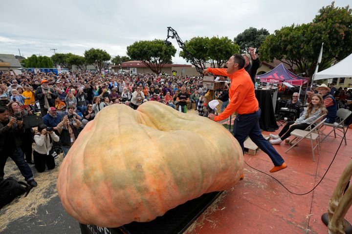 Travis Gienger reacts after winning the Safeway 50th annual World Championship Pumpkin Weigh-Off in Half Moon Bay, California.
