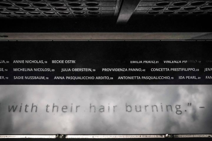 The memorial features the engraved names of 146 people, mostly immigrant girls and women, who were killed in the fire. It also features quotes from people who were there, describing the mayhem.