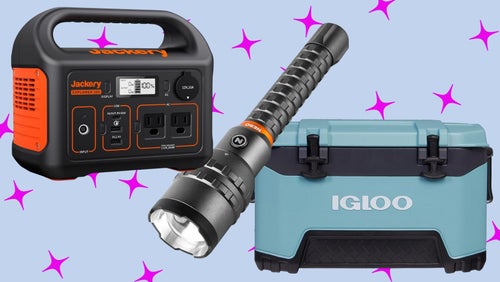 Jackery portable power station, a rechargeable LED flashlight, and an Igloo cooler.