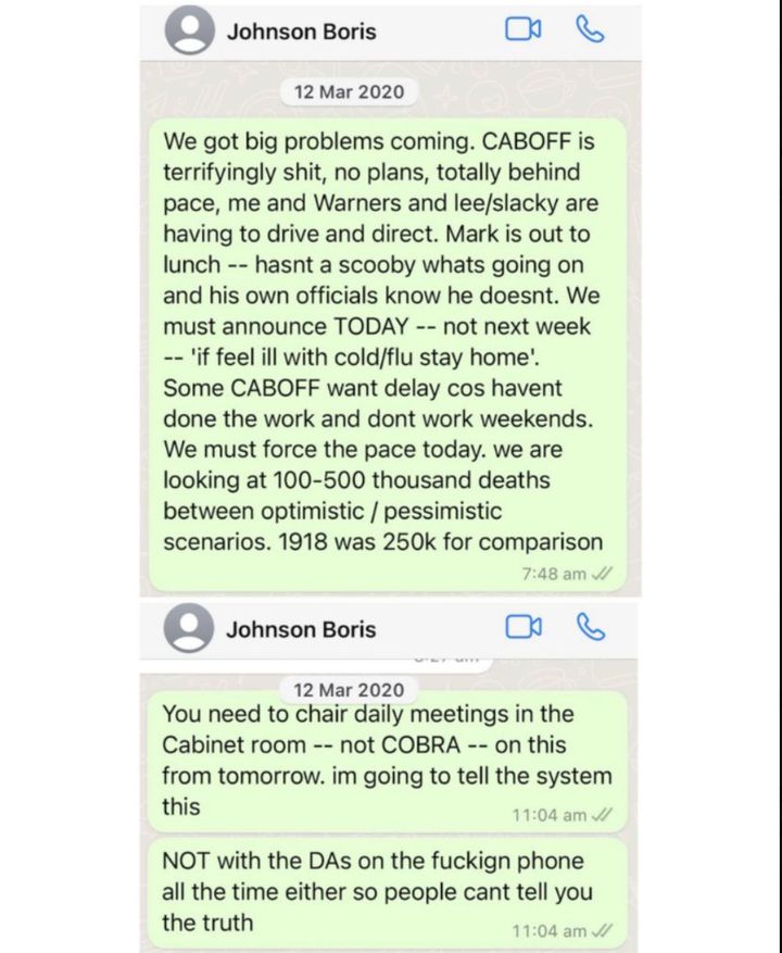WhatsApp messages from March 2020 between Boris Johnson and Dominic Cummings, used as evidence by the Covid Inquiry.