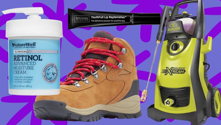 Naturewell retinol moisturizer, Columbia Newtown Ridge hiking boot, Revision Skincare lip mask, and Sun Joe pressure washer