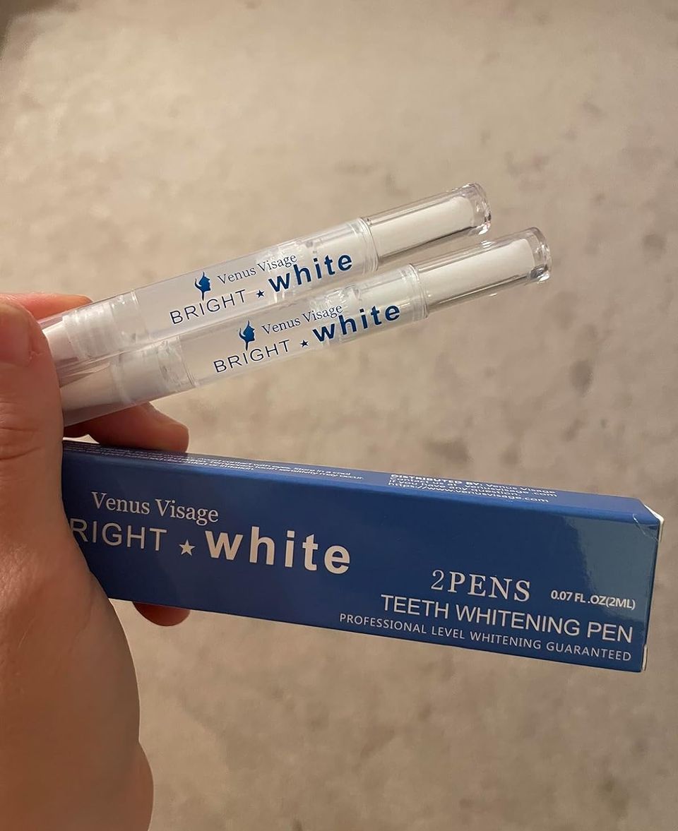 A pack of two Venus Visage teeth whitening pens, minty fresh without the weird aftertaste and completely painless — no discomfort for sensitive teeth and gums! But most importantly, it leaves your teeth noticeably whiter, and at a fraction of the cost of the dentist (and Crest Whitestrips). 