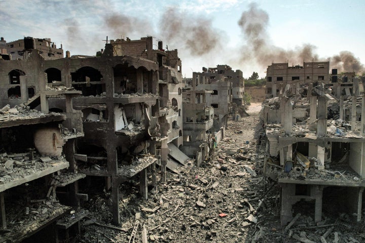 This picture taken on Oct.r 11, 2023, shows an aerial view of buildings destroyed by Israeli air strikes in the Jabalia camp for Palestinian refugees in Gaza City.