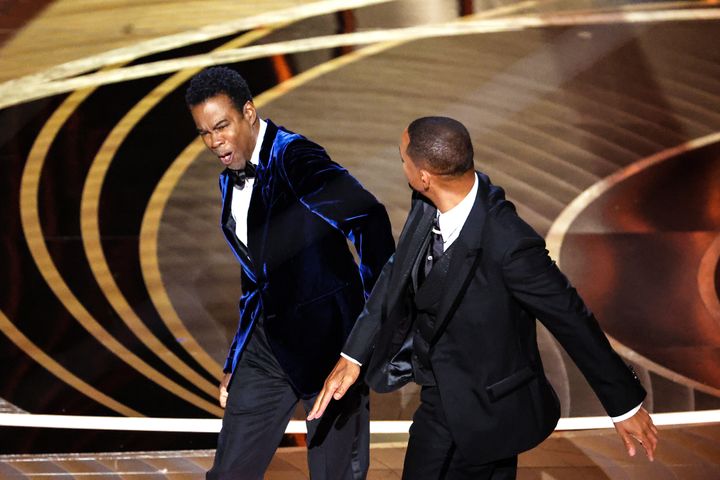 Will Smith slaps Chris Rock onstage during the show at the 94th Academy Awards at the Dolby Theatre at Ovation Hollywood on Sunday, March 27, 2022. 