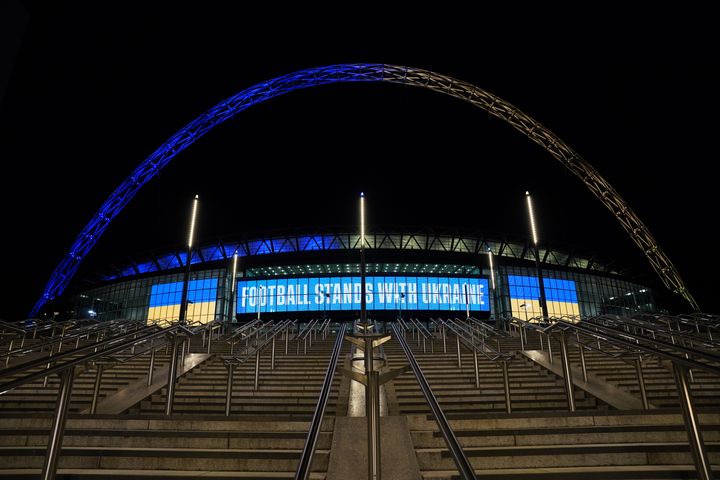 Wembley Stadium when it was lit up in the colours of the Ukrainian flag.