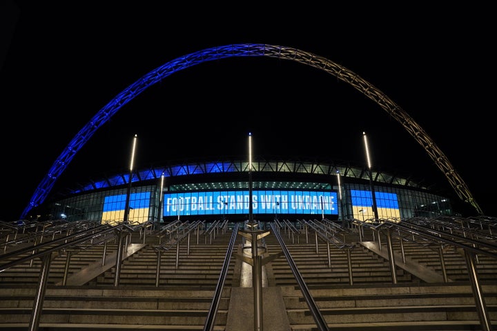 Wembley Stadium when it was lit up in the colours of the Ukrainian flag.