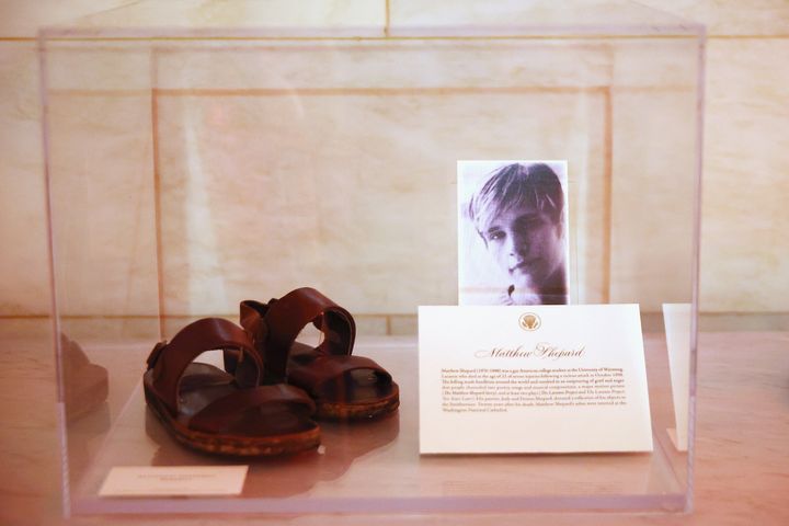  A pair of Matthew Shepard's sandals are displayed at the White House in 2021. 