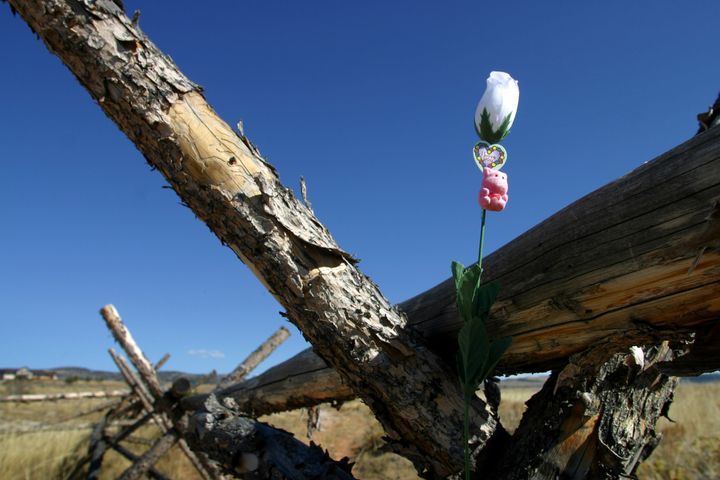 An artificial rose is poked into a crack in the fence near Laramie, Wyoming, where Matthew Shepard was tied, beaten and left to die. 